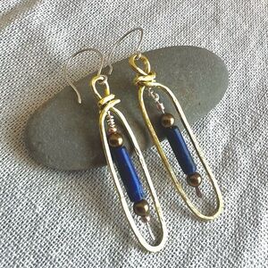 Artisan made Brass Pearl and Lapis Dangling Earrings